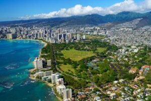 Aerial Shot of Sea, Harbor and City, Waikiki, Honolulu, Hawai, USA