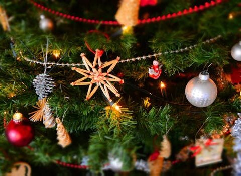 Close-up of a decorated Christmas tree with lights and ornaments, showcasing holiday spirit.