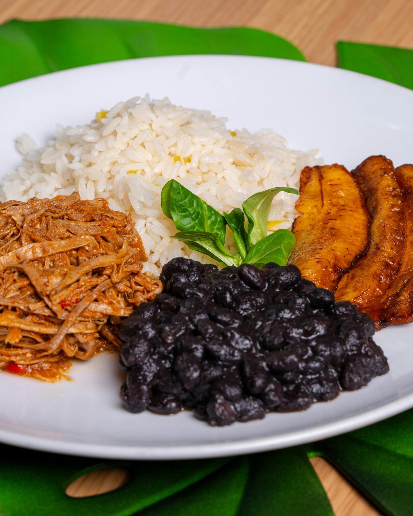 Colorful Pabellón Criollo with rice, beans, plantains, and shredded beef.